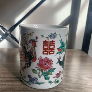 Vintage Jingdehezen Mid Century Phoenix & Dragon Porcelain Floral Mug Multicolor